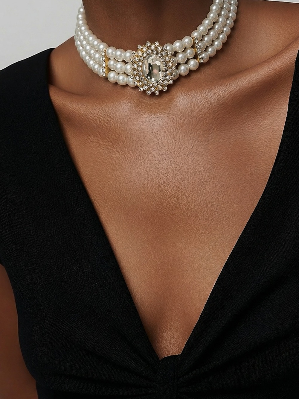 Pearl Multi-Strand Choker Necklace with Crystal Medallion